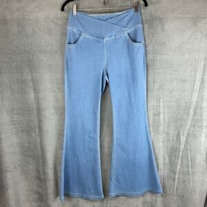 Halara Pants Womens Medium Petite Blue Cross Waist Flare Pull On Pockets Stretch